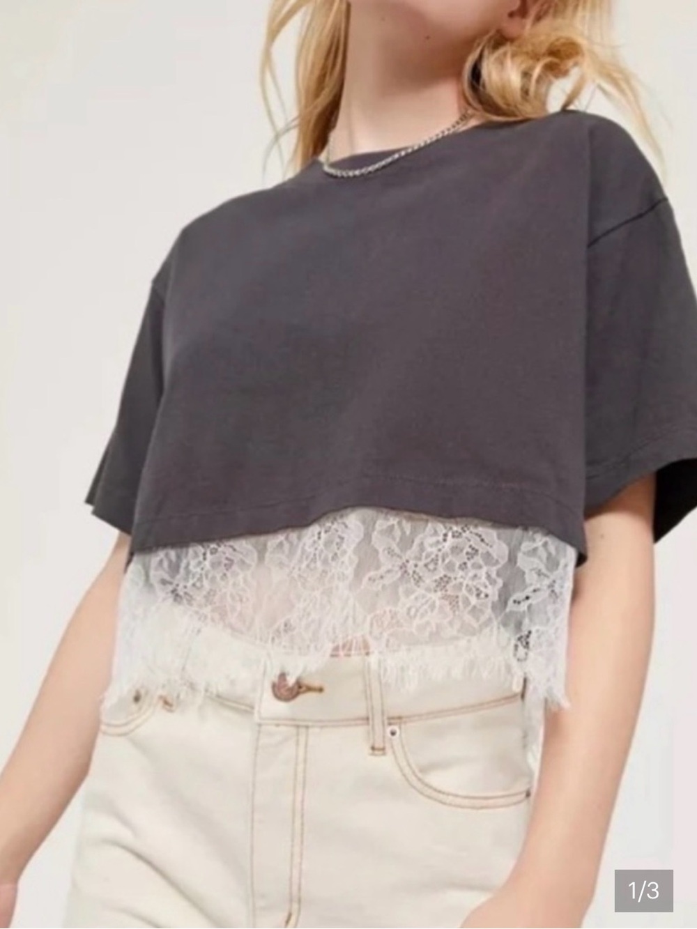 Urban Outfitters Charcoal Cropped Tee with White Lace Trim S